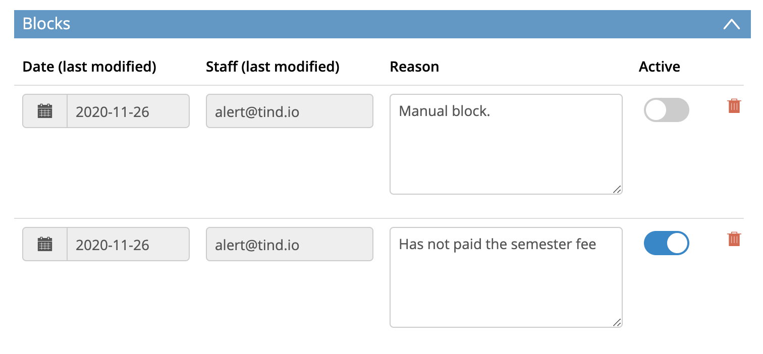 The Blocks section in the patron editor